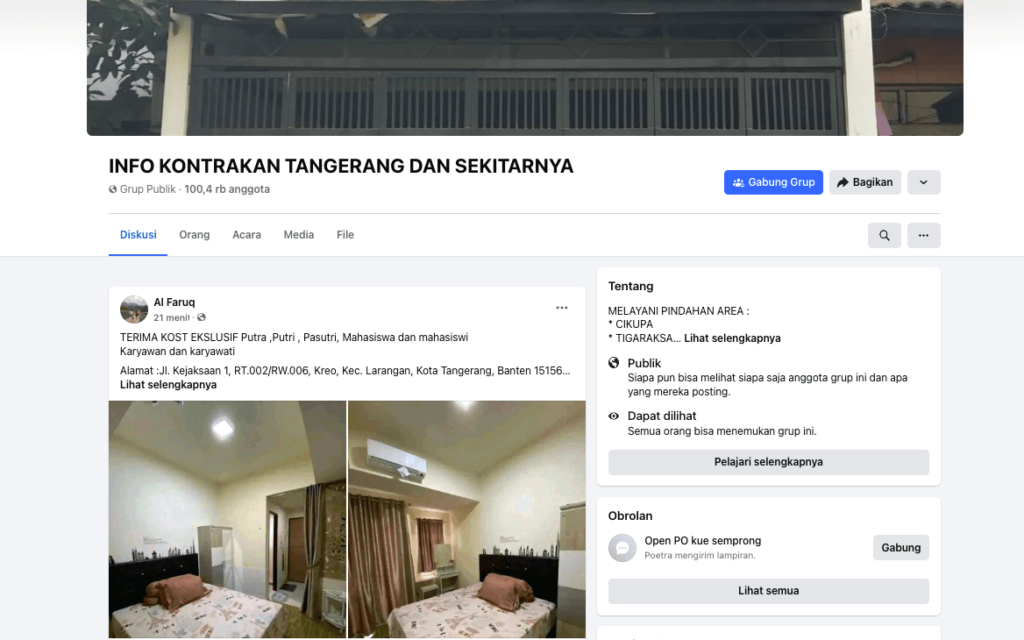 tampilan grup informasi kontrakan di facebook