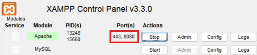 tampilan xampp menunjukkan hasil port setelah diganti