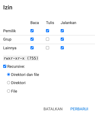 tampilan izin folder yang diperlukan di file manager hostinger