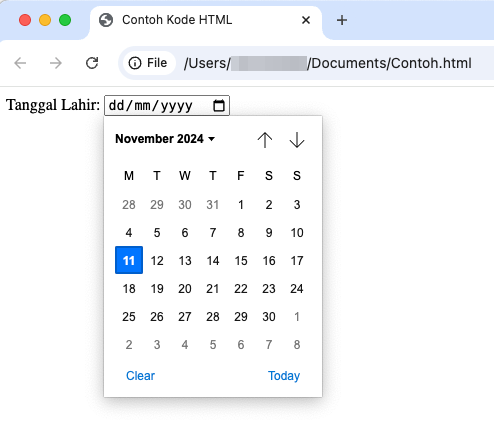 tampilan contoh menampilkan tanggal di browser