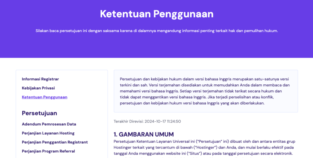 tampilan halaman ketentuan layanan hostinger indonesia
