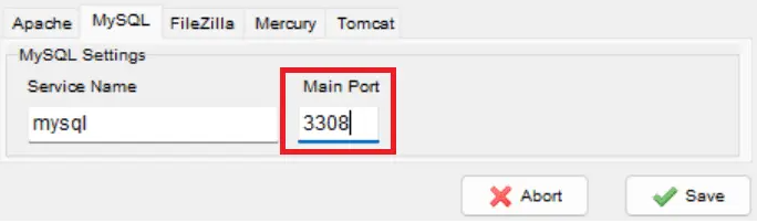 tampilan opsi konfigurasi port mysql dengan kolom port yang dipilih