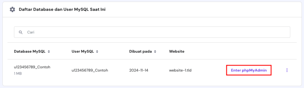 tampilan menu database hpanel dengan opsi masuk phpmyadmin yang dipilih