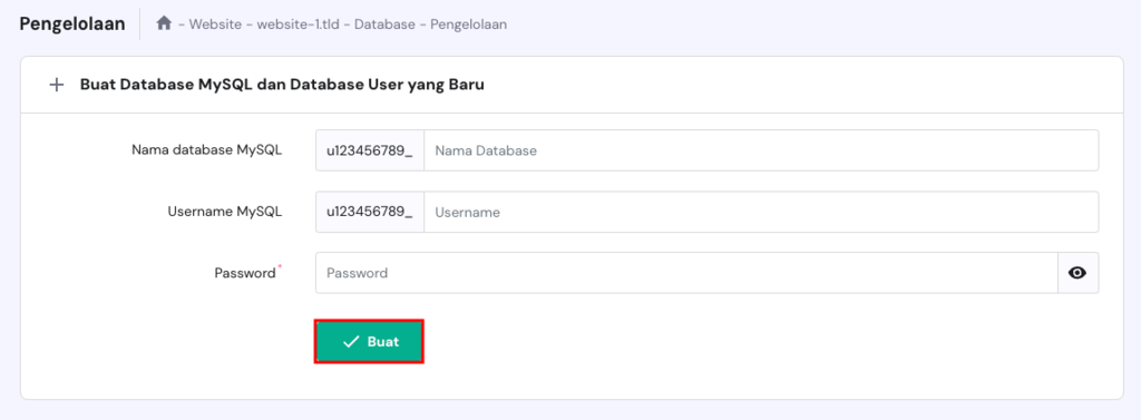 tampilan menu database hpanel menunjukkan proses membuat database baru