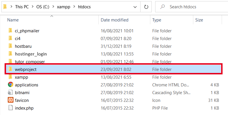 tampilan windows explorer menunjukkan proses membuat folder webproject
