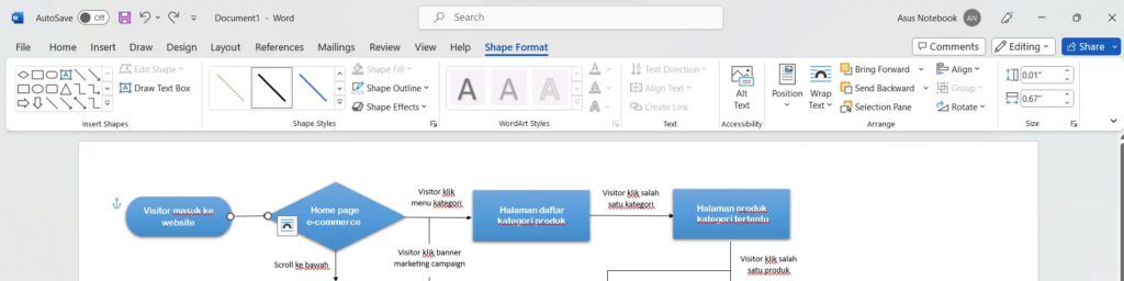 tampilan menu shape format di microsoft word untuk menyesuaikan bentuk
