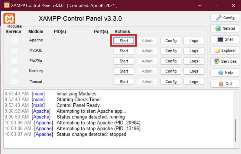 tampilan memulai modul apache di xampp