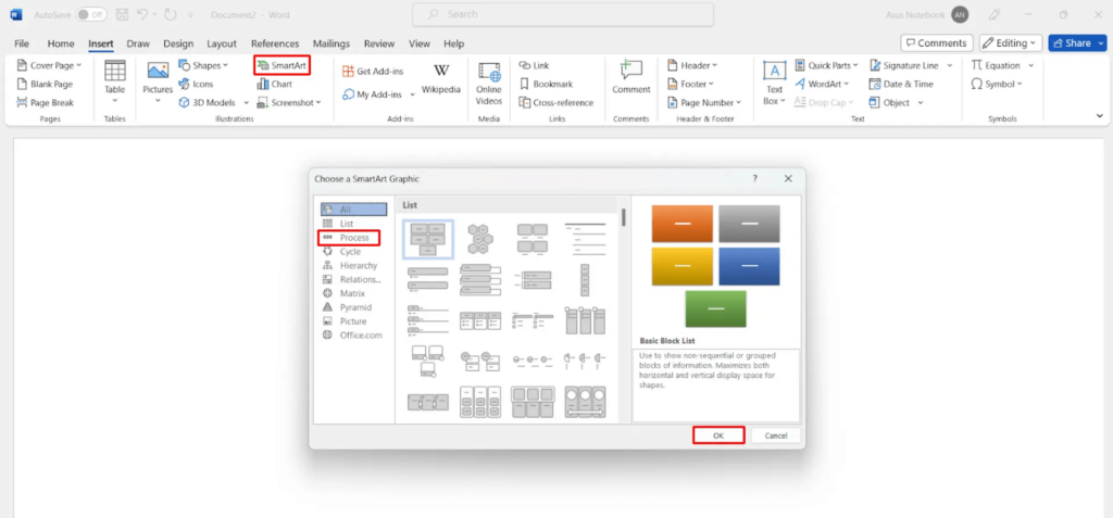 tampilan menu smartart microsoft word untuk menambahkan flowchart
