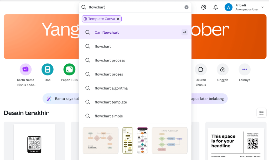 tampilan halaman canva menunjukkan pencarian template flowchart