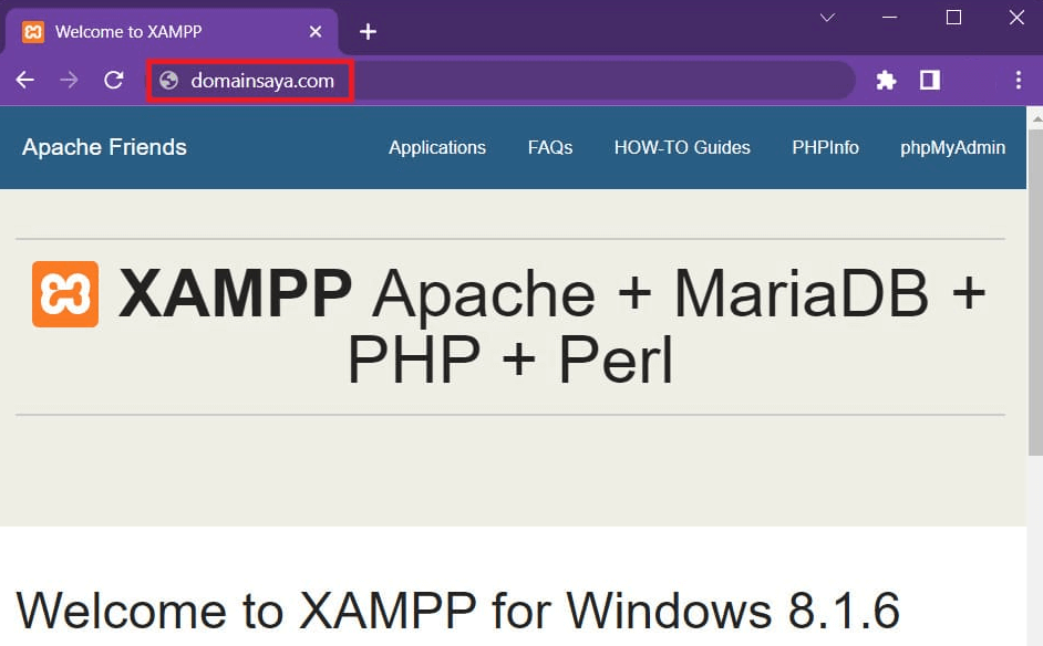 tampilan mengakses domain localhost di chrome setelah mengganti localhost dengan domain sendiri
