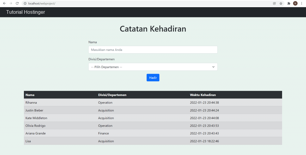 tampilan hasil website localhost absensi dari xampp