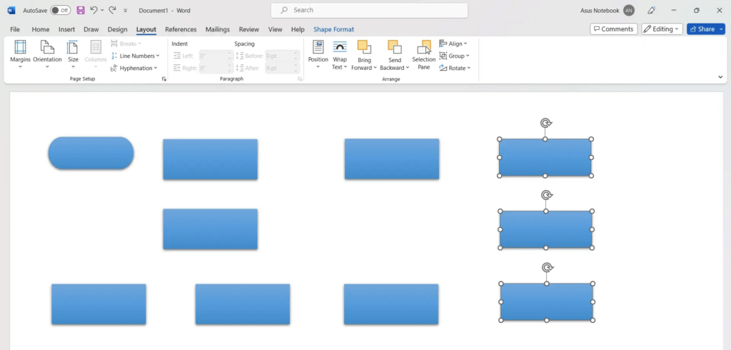 tampilan halaman microsoft word dengan simbol-simbol flowchart yang sudah diatur ukurannya