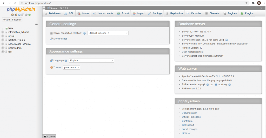 tampilan halaman utama phpmyadmin