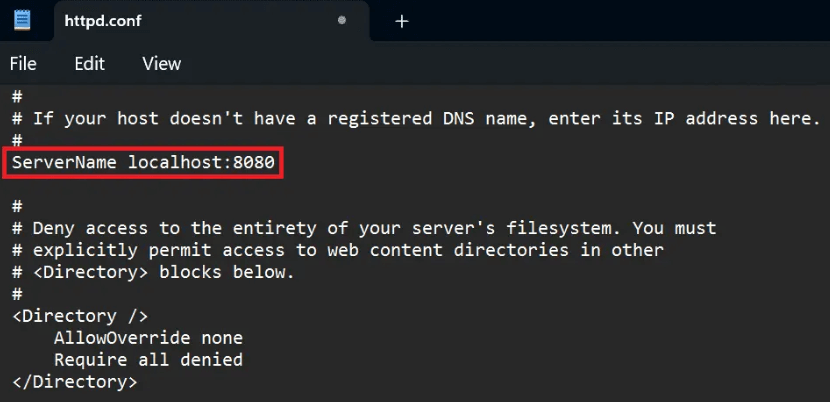 tampilan file httpd conf di notepad menunjukkan nomor port yang diubah