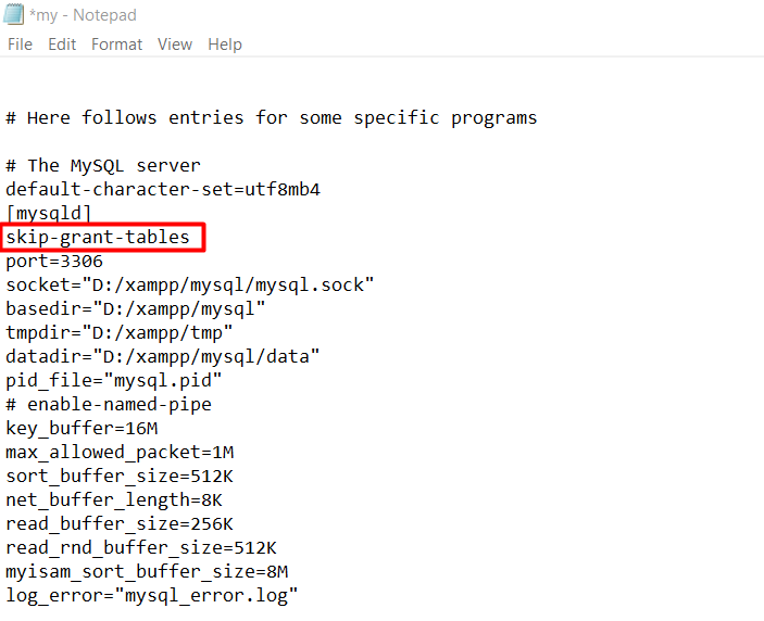 tampilan notepad menunjukkan proses menambahkan skrip skip grant tables