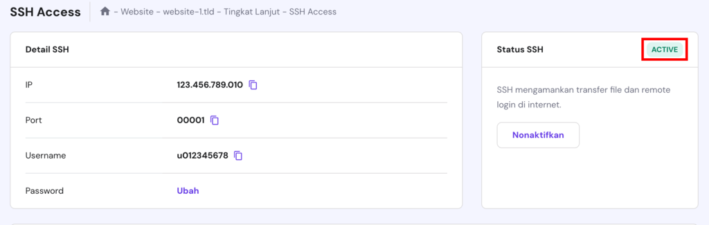 tampilan kredensial akses ssh di hpanel dengan status aktif yang disorot