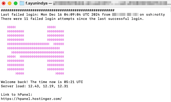 tampilan terminal macos yang menunjukkan berhasil tersambung ke ssh