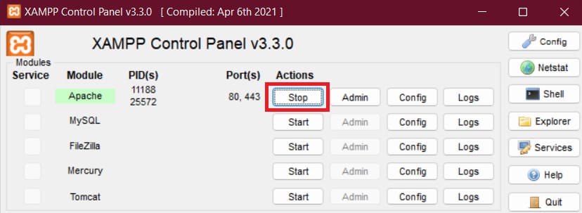 tampilan menghentikan modul apache di xampp