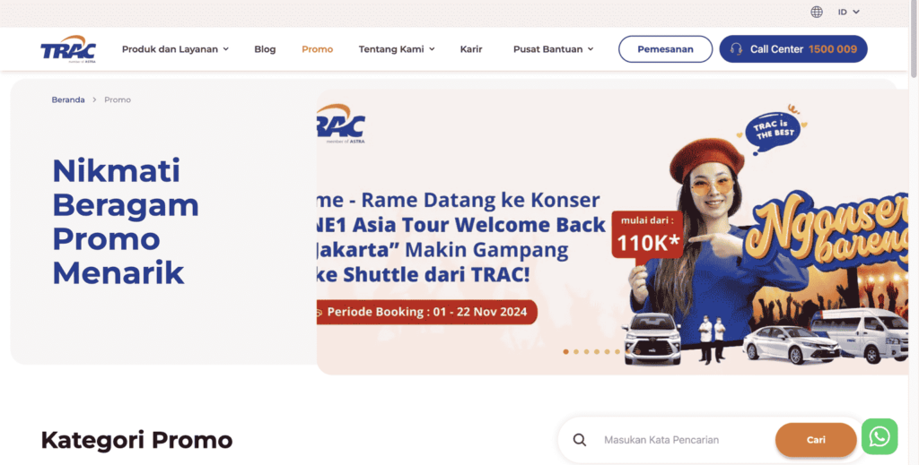 tampilan halaman promosi trac astra sebagai contoh landing page