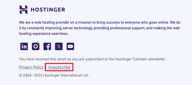 tampilan link unsubscribe di newsletter hostinger