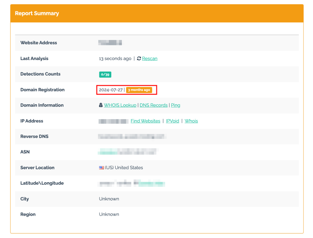 tampilan hasil urlvoid saat memeriksa usia domain