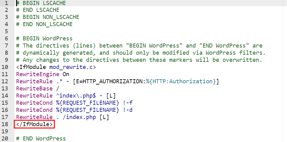 tampilan isi htaccess dengan tag ifmodule yang disorot