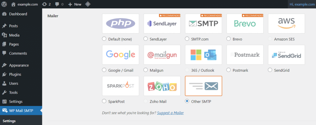pengaturan mail client WP Mail SMTP di dashboard WordPress dengan opsi Other SMTP yang disorot