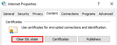 bagian internet properties di windows dengan tombol clear ssl state yang dipilih