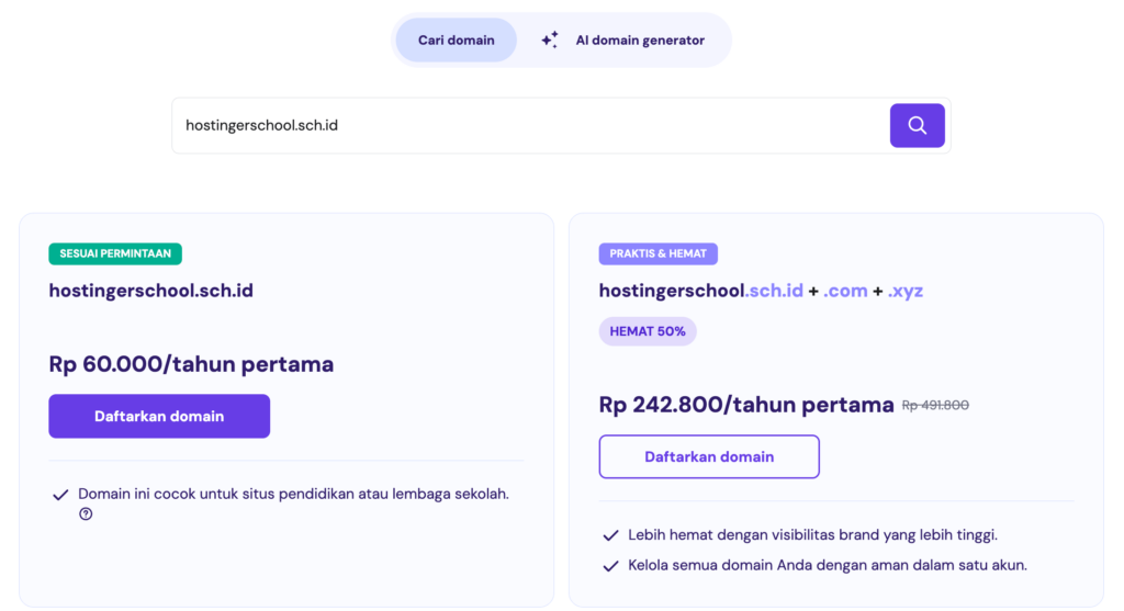pendaftaran domain .sch.id di hostinger