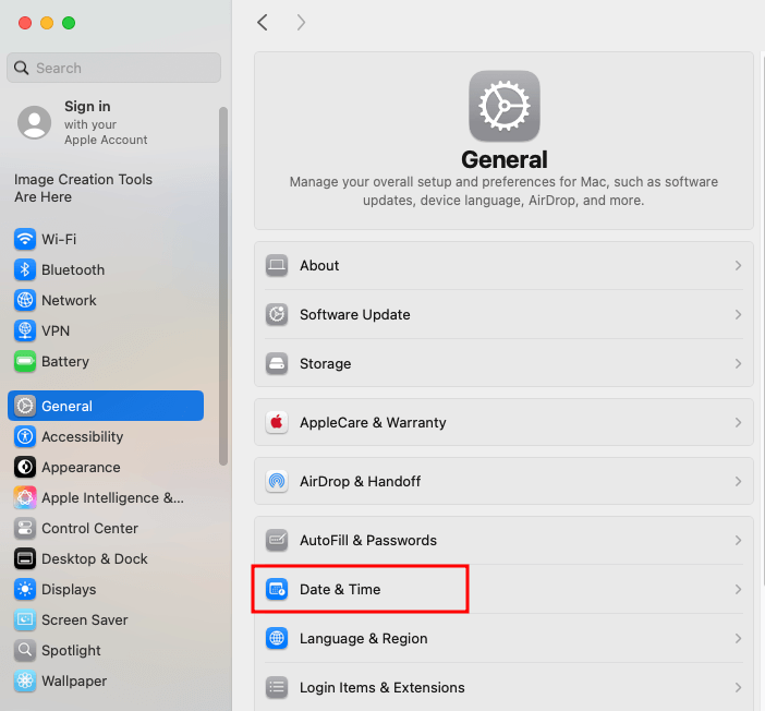 bagian pengaturan di macos dengan opsi date and time yang dipilih
