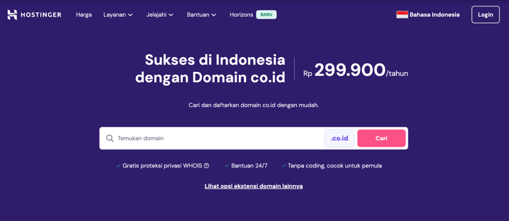 landing page pendaftaran domain .co.id di hostinger indonesia