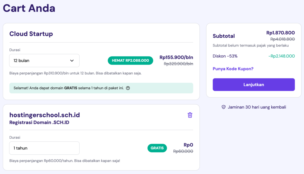 alur pembelian domain dengan paket hosting yang memberikan domain gratis