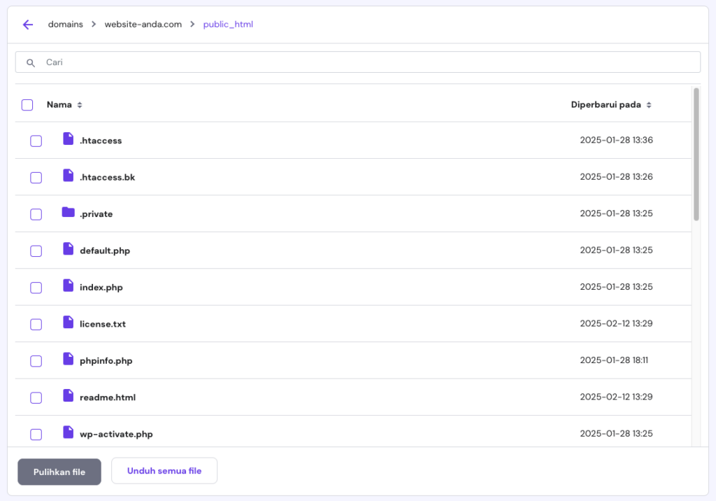 tampilan file dan folder di hpanel yang akan dipulihkan
