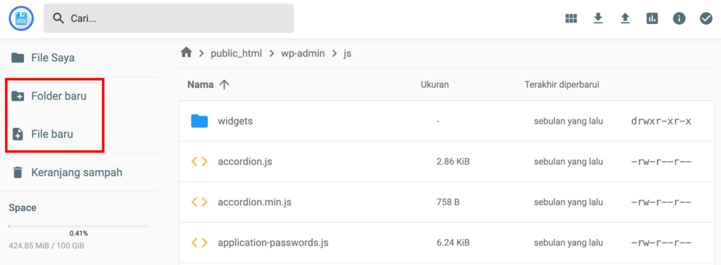 tampilan sidebar file manager hostinger dengan menu file dan folder baru yang dipilih