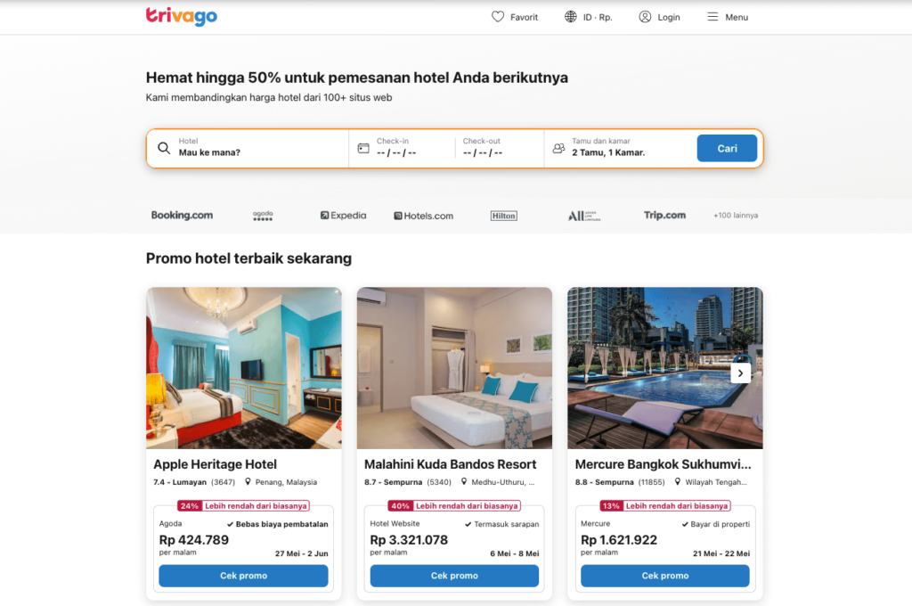 homepage website trivago yang sudah PWA-ready