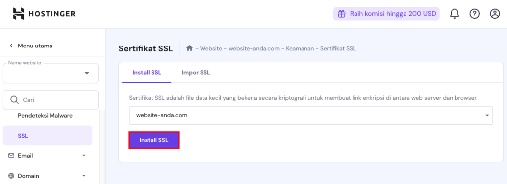 bagian ssl di hpanel dengan tombol install ssl yang dipilih