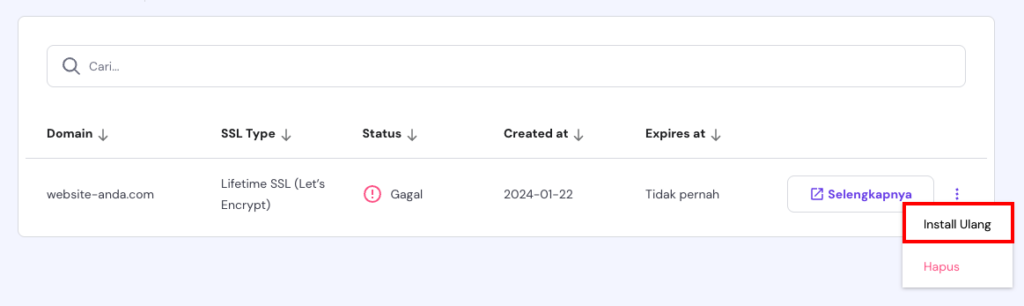 bagian ssl di hpanel dengan tombol instal ulang ssl yang dipilih