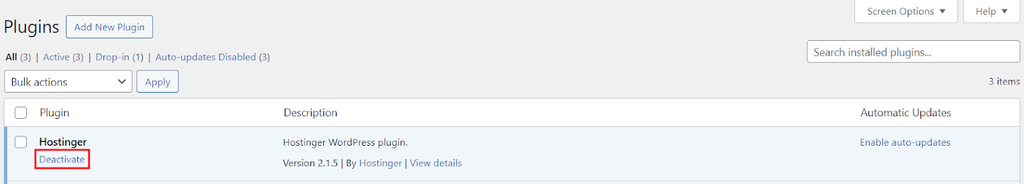 tampilan bagian plugin WordPress dengan menu deactivate yang dipilih