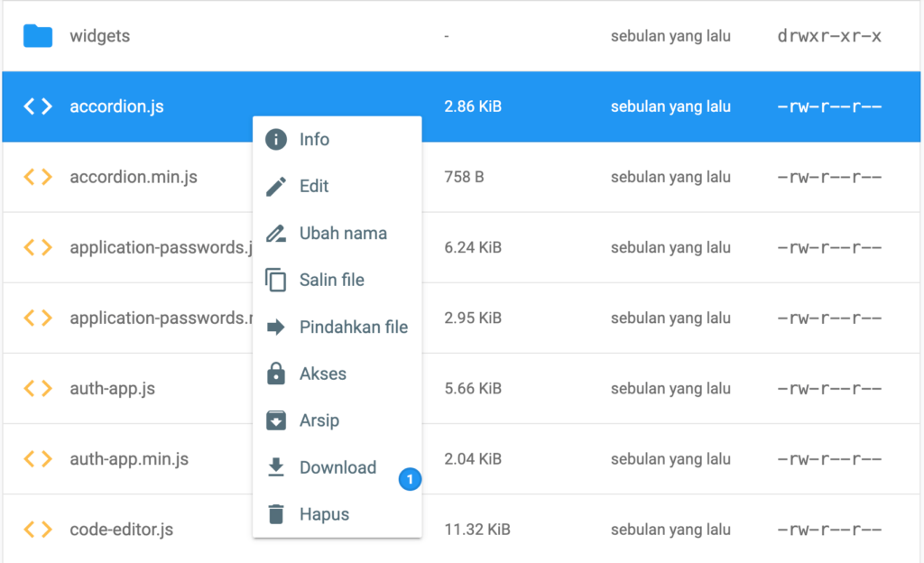 tampilan menu klik kanan file manager hostinger