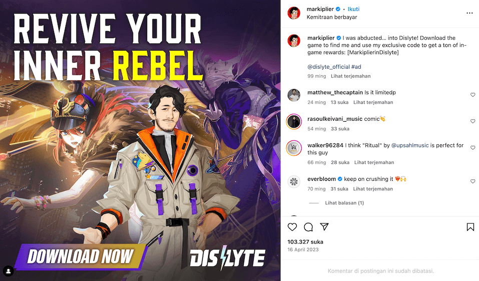 postingan instagram markiplier dengan keterangan kemitraan berbayar