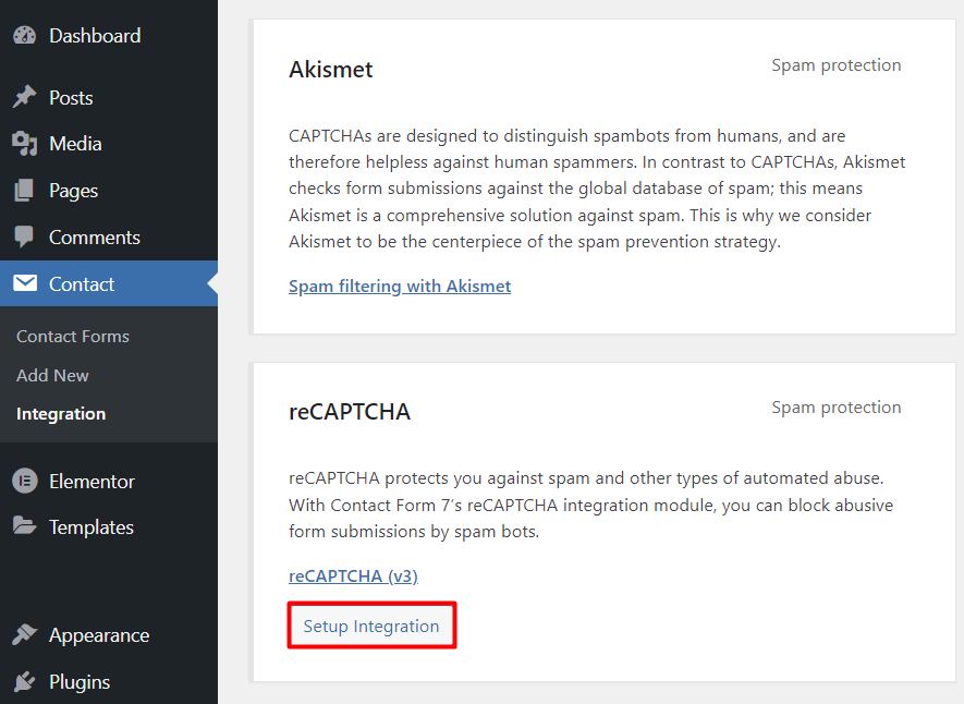 bagian plugin recaptcha di dashboard wordpress dengan opsi setup integration yang dipilih