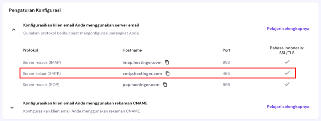 bagian pengaturan konfigurasi di hpanel dengan opsi server keluar (smtp) yang disorot