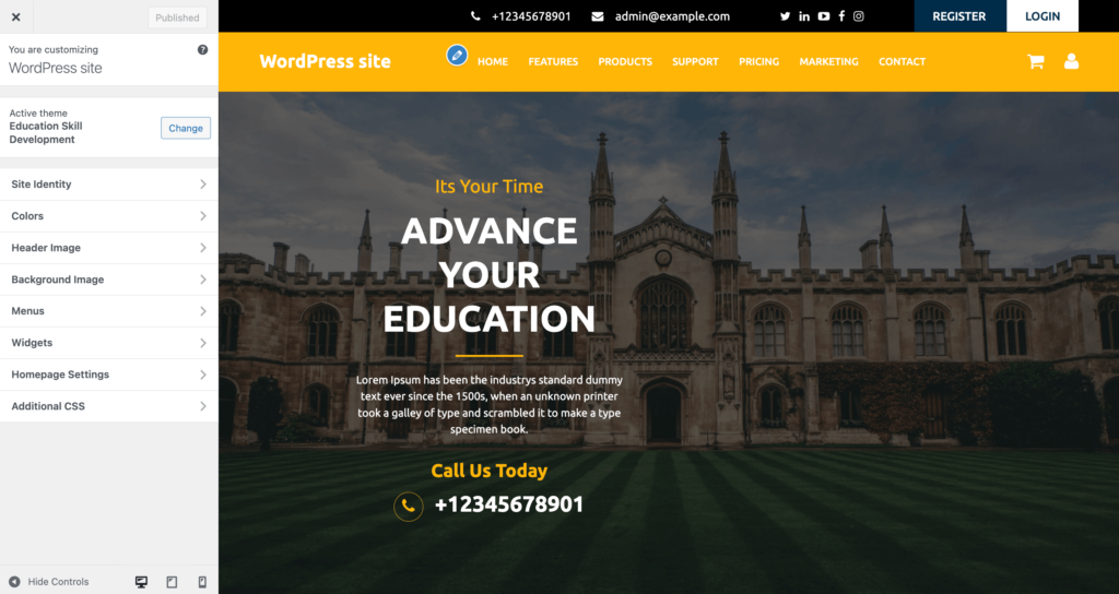 tampilan awal tema website sekolah dengan demo site bawaan