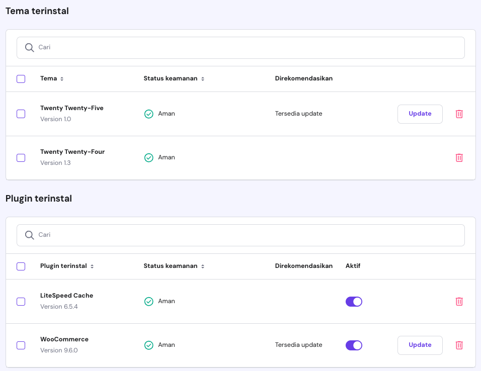 tampilan bagian tema terinstal dan plugin terinstal di hpanel