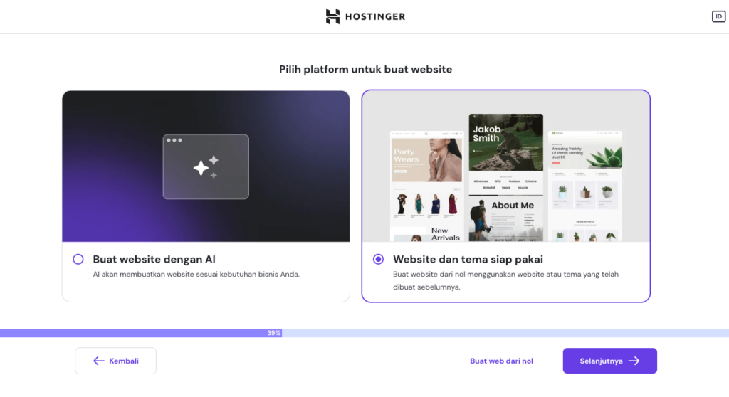 bagian onboarding hpanel menampilkan pilihan metode pembuatan website dengan opsi website dan tema siap pakai yang dipilih