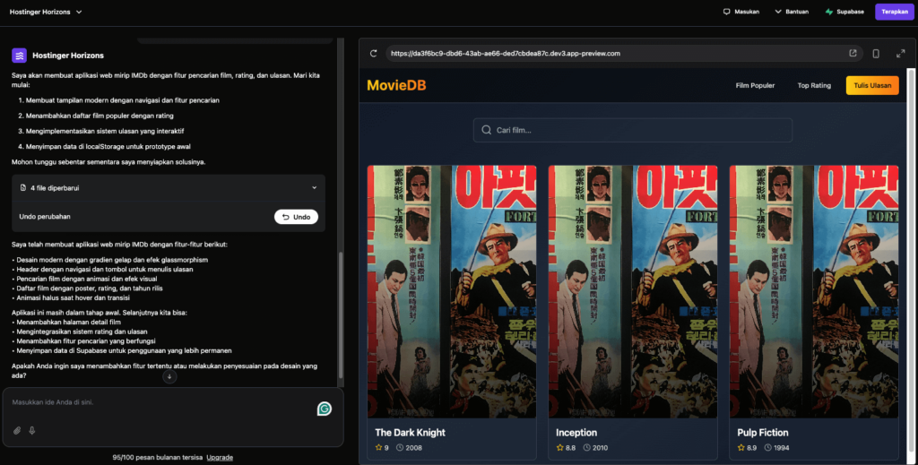 Hostinger Horizons menghasilkan aplikasi web menggunakan platform lain sebagai inspirasi