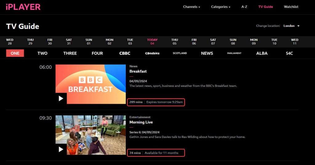 Screenshot jadwal yang diubah waktunya dari BBC iPLAYER, menyoroti ketersediaan terbatas dengan waktu berakhir yang berbeda-beda.