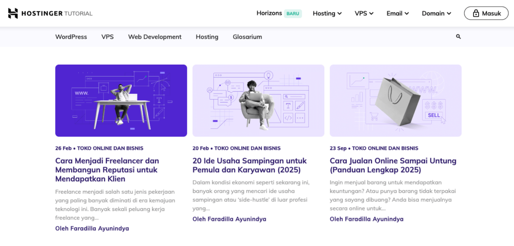 Halaman website tutorial hostinger indonesia sebagai contoh website