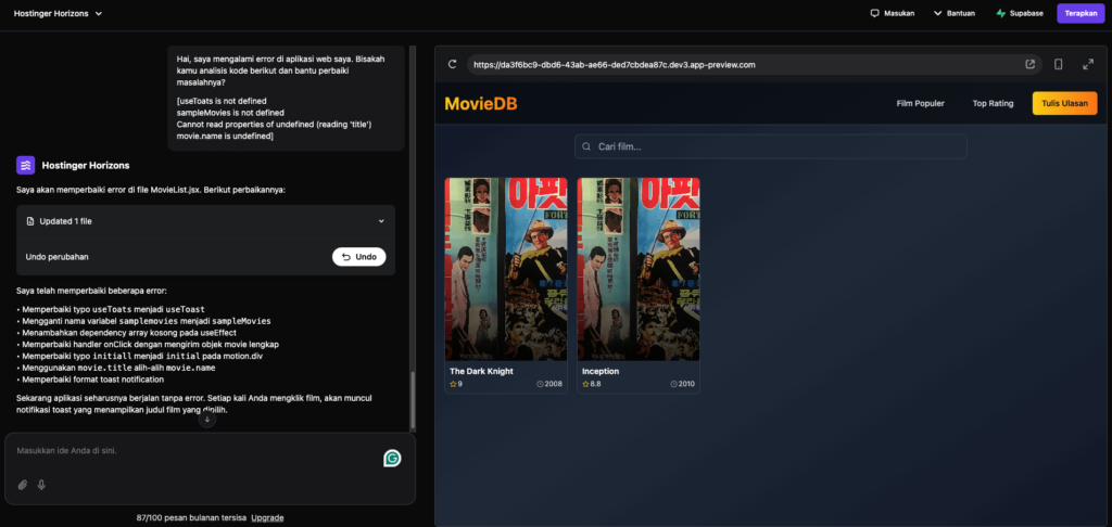 Hostinger Horizons memperbaiki error yang dijelaskan