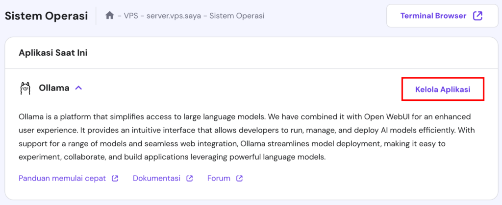 Tombol Kelola Aplikasi di VPS hPanel setelah menginstal template Ollama